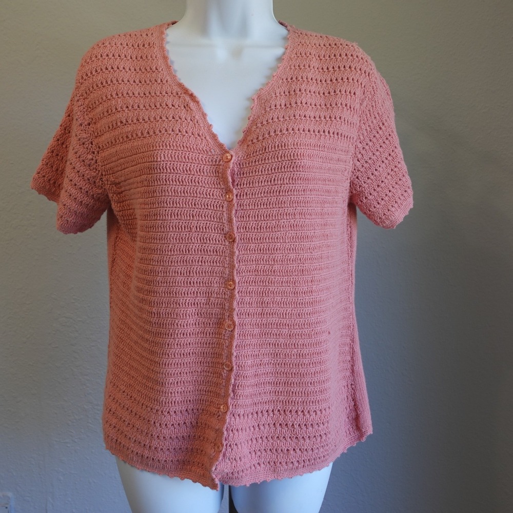 Vintage Crochet Knit Cardigan Coral Peach Medium Granny Cottage Ramie Pastel Top - Picture 3 of 9